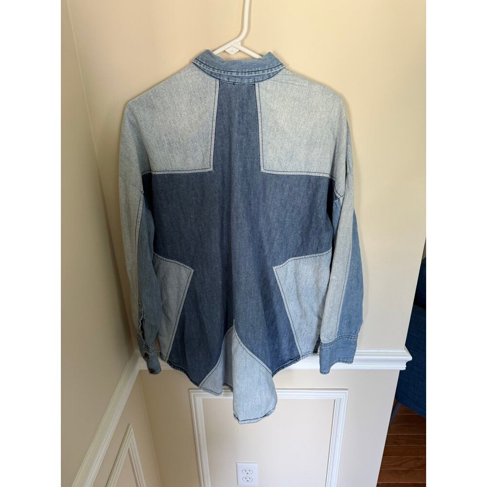 Free People | Bohemian Western Denim Colorblock Patchwork Style Star Button Up - Picture 10 of 13